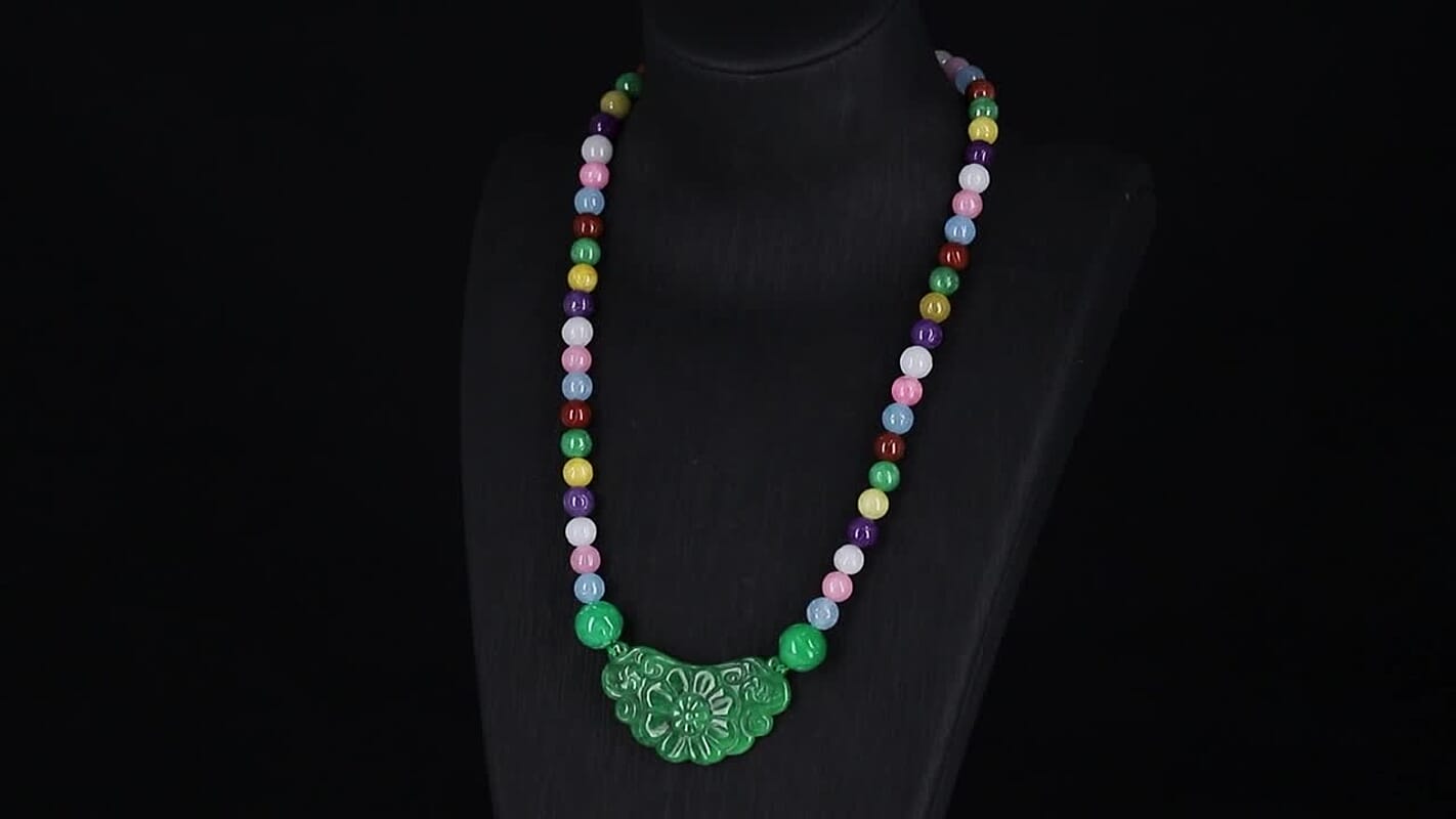 Green Jade Carved Flower and Multi Jade Beaded Necklace (20 Inches) in Rhodium Over Sterling Silver 340.00 ctw