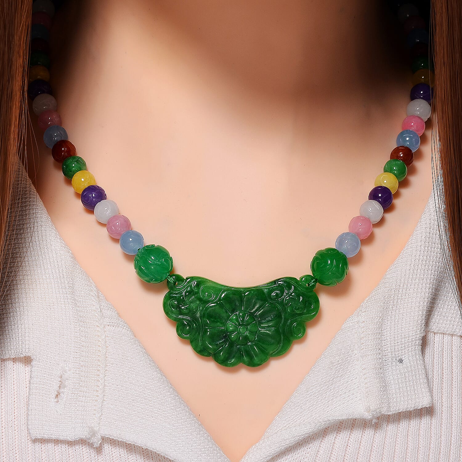 Green Jade Carved Flower and Multi Jade (D) 340.00 ctw Beaded Necklace in Rhodium Over Sterling Silver 20 Inches