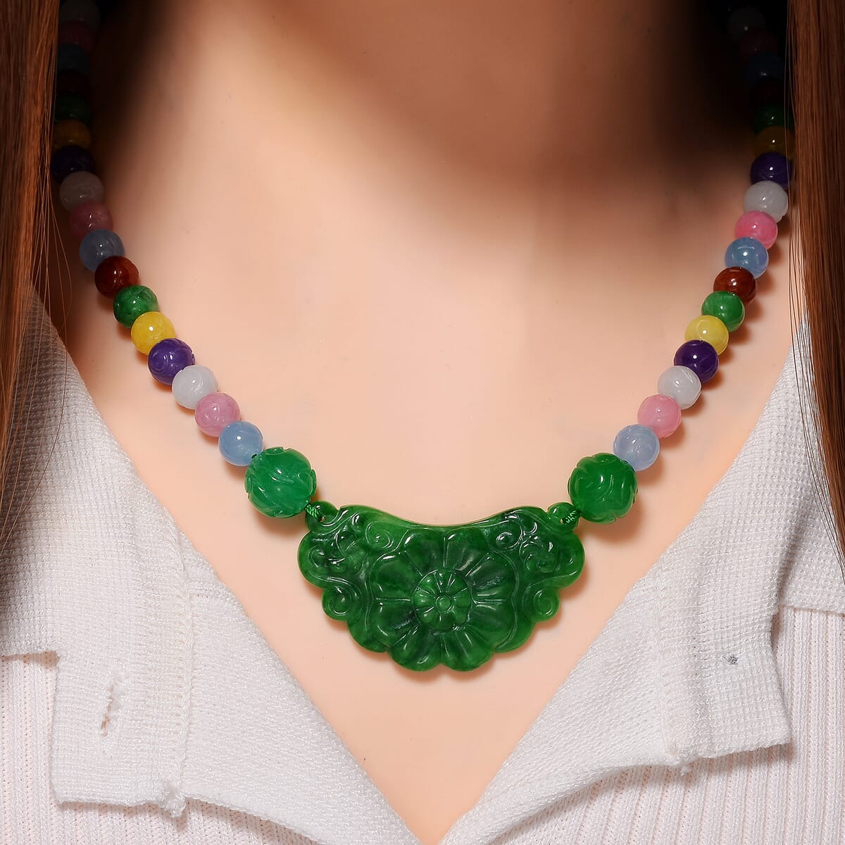 Green Jade Carved Flower and Multi Jade Beaded Necklace (20 Inches) in Rhodium Over Sterling Silver 340.00 ctw image number 1