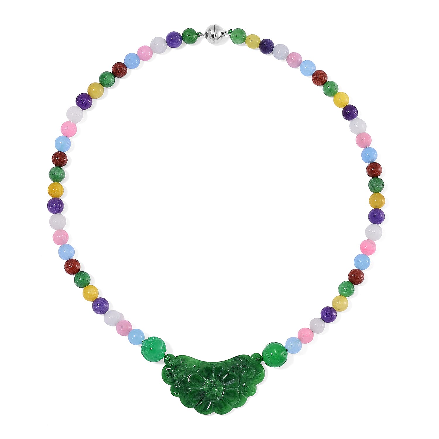Green Jade Carved Flower and Multi Jade (D) 340.00 ctw Beaded Necklace in Rhodium Over Sterling Silver 20 Inches