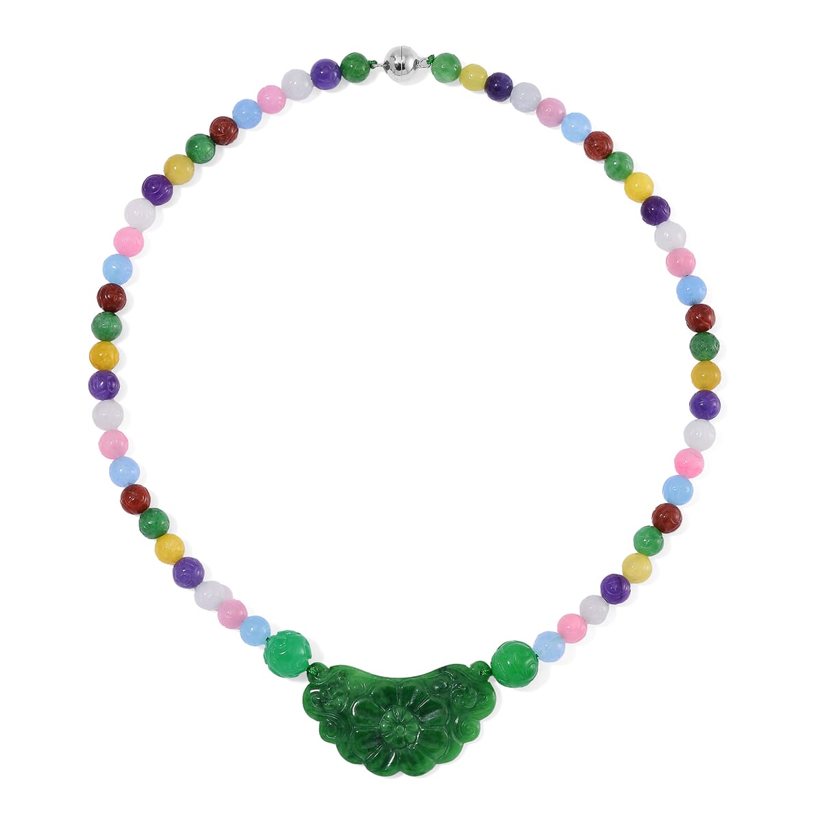 Green Jade Carved Flower and Multi Jade Beaded Necklace (20 Inches) in Rhodium Over Sterling Silver 340.00 ctw image number 2