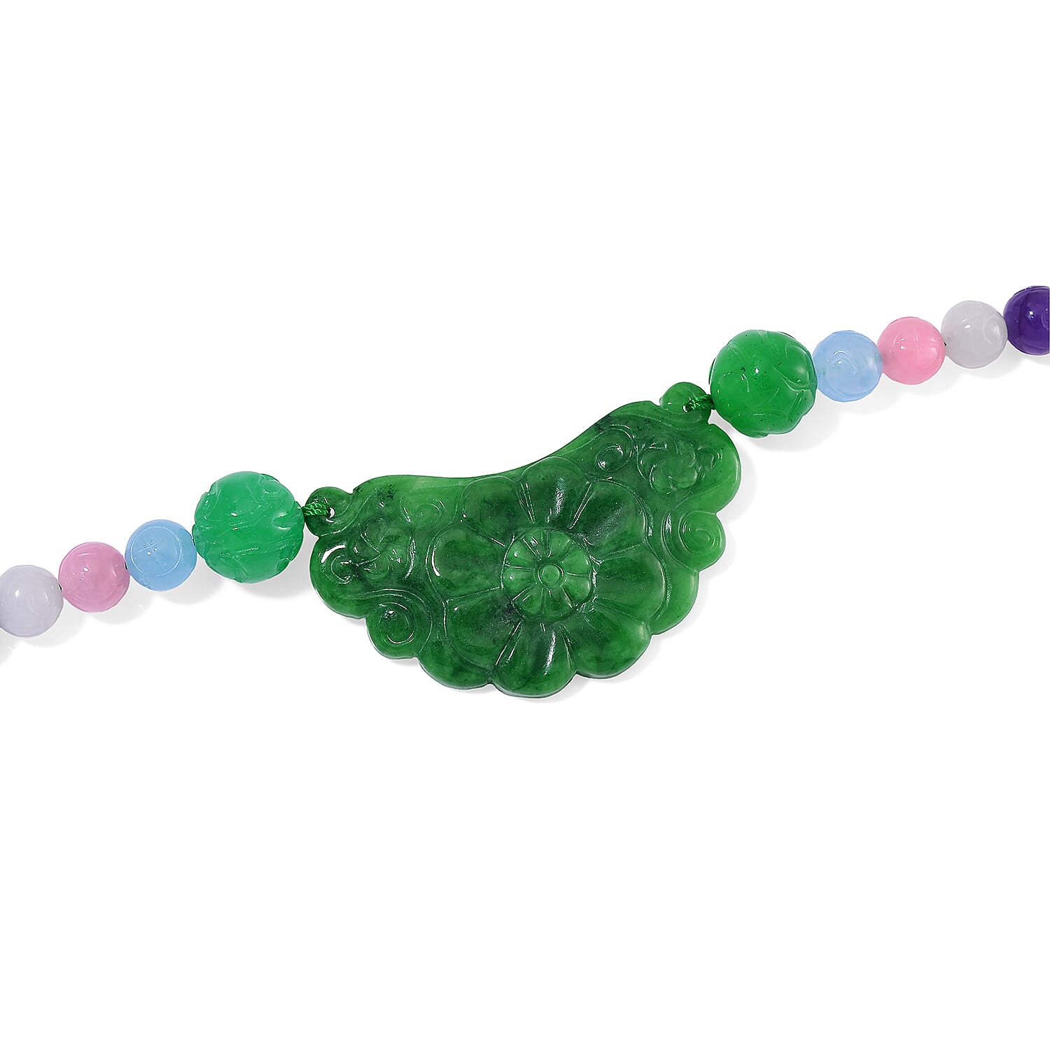Green Jade Carved Flower and Multi Jade (D) 340.00 ctw Beaded Necklace in Rhodium Over Sterling Silver 20 Inches