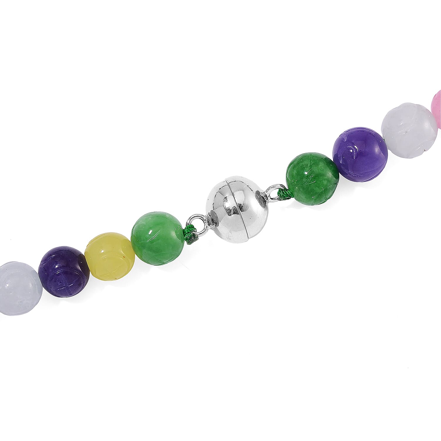 Green Jade Carved Flower and Multi Jade (D) 340.00 ctw Beaded Necklace in Rhodium Over Sterling Silver 20 Inches