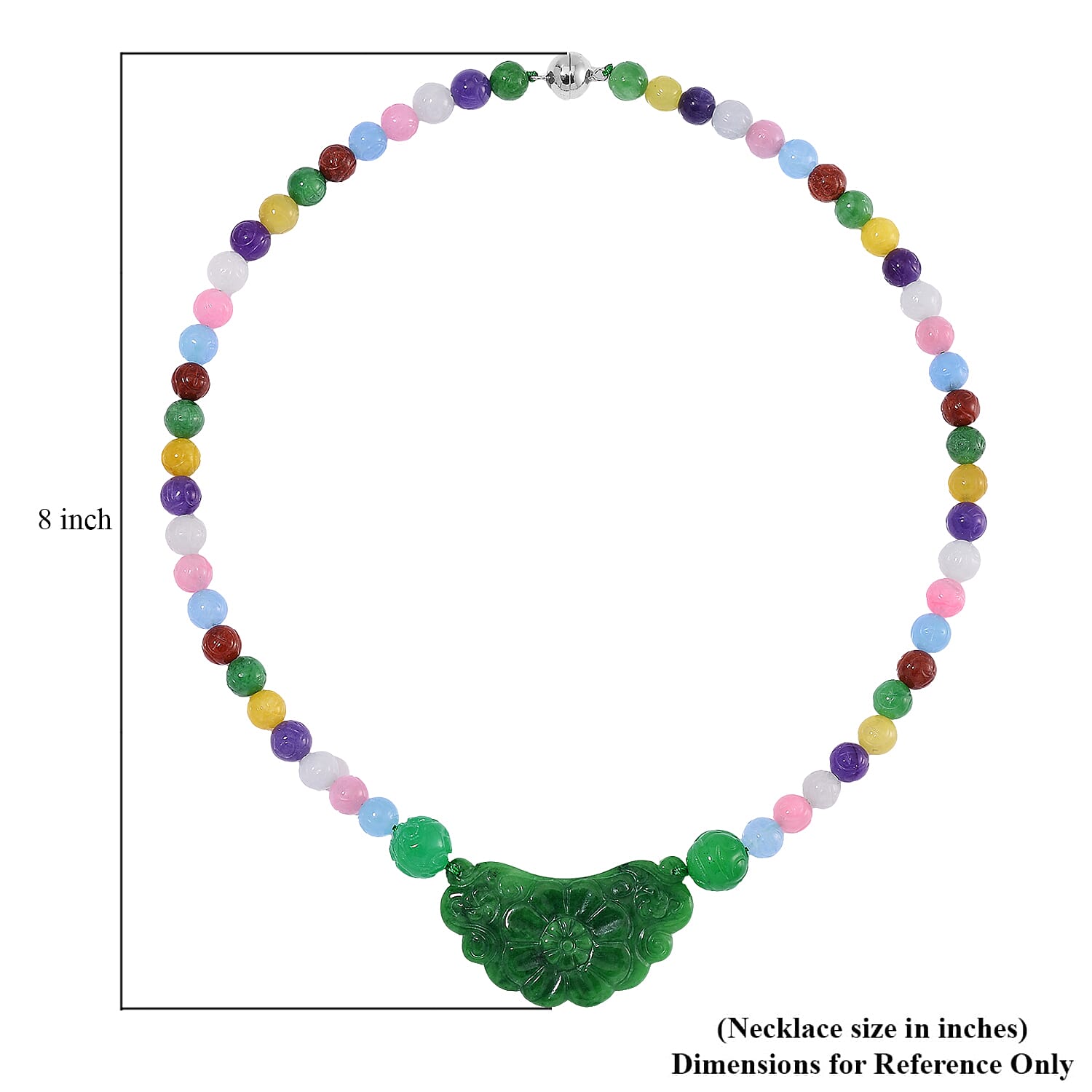Green Jade Carved Flower and Multi Jade (D) 340.00 ctw Beaded Necklace in Rhodium Over Sterling Silver 20 Inches