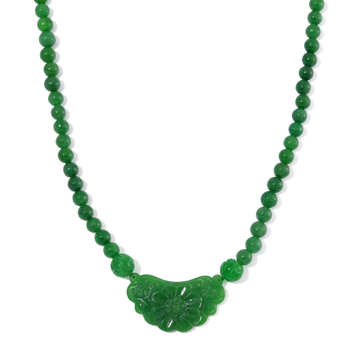 Green Jade (D) 340.00 ctw Carved Flower and Beaded Necklace in Rhodium Over Sterling Silver 20 Inches image number 0