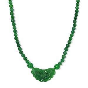 Green Jade (D) 340.00 ctw Carved Flower and Beaded Necklace in Rhodium Over Sterling Silver 20 Inches