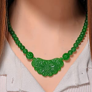 Green Jade (D) 340.00 ctw Carved Flower and Beaded Necklace in Rhodium Over Sterling Silver 20 Inches