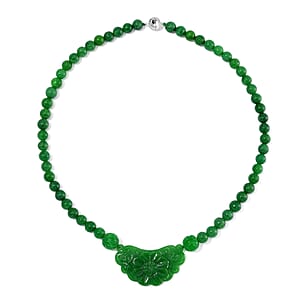 Green Jade (D) 340.00 ctw Carved Flower and Beaded Necklace in Rhodium Over Sterling Silver 20 Inches