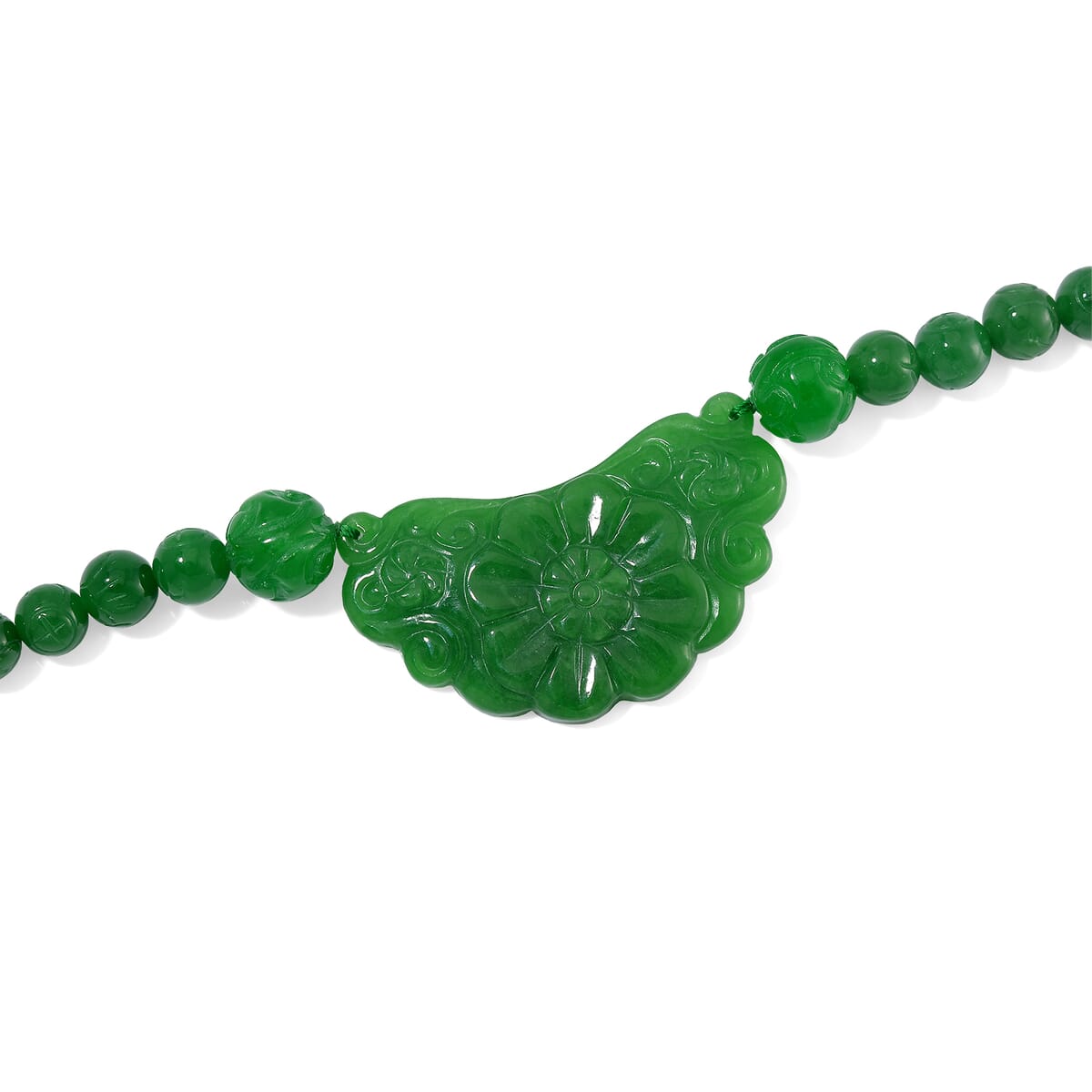 Green Jade (D) 340.00 ctw Carved Flower and Beaded Necklace in Rhodium Over Sterling Silver 20 Inches image number 3