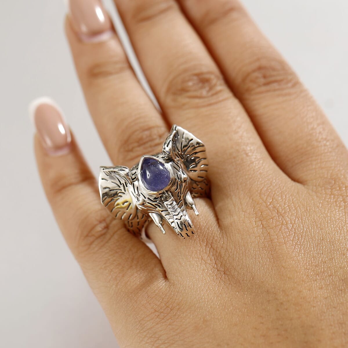 Indian Artisan Crafted Tanzanite 2.40 ctw Royal Grace Elephant Ring in Sterling Silver (Size 6.0) image number 2