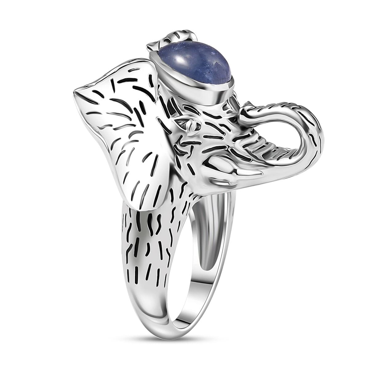 Indian Artisan Crafted Tanzanite 2.40 ctw Royal Grace Elephant Ring in Sterling Silver (Size 6.0) image number 3