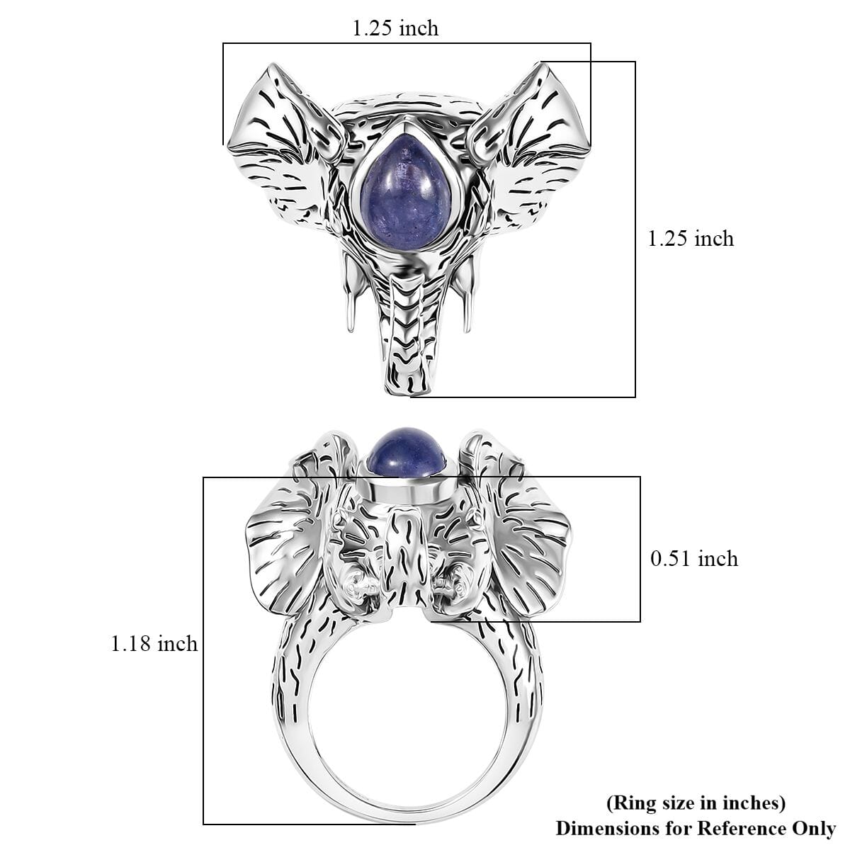 Indian Artisan Crafted Tanzanite 2.40 ctw Royal Grace Elephant Ring in Sterling Silver (Size 6.0) image number 5