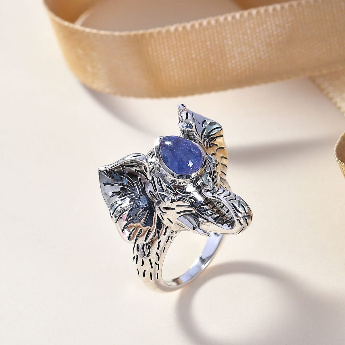 Indian Artisan Crafted Tanzanite 2.40 ctw Royal Grace Elephant Ring in Sterling Silver (Size 8.0) image number 1