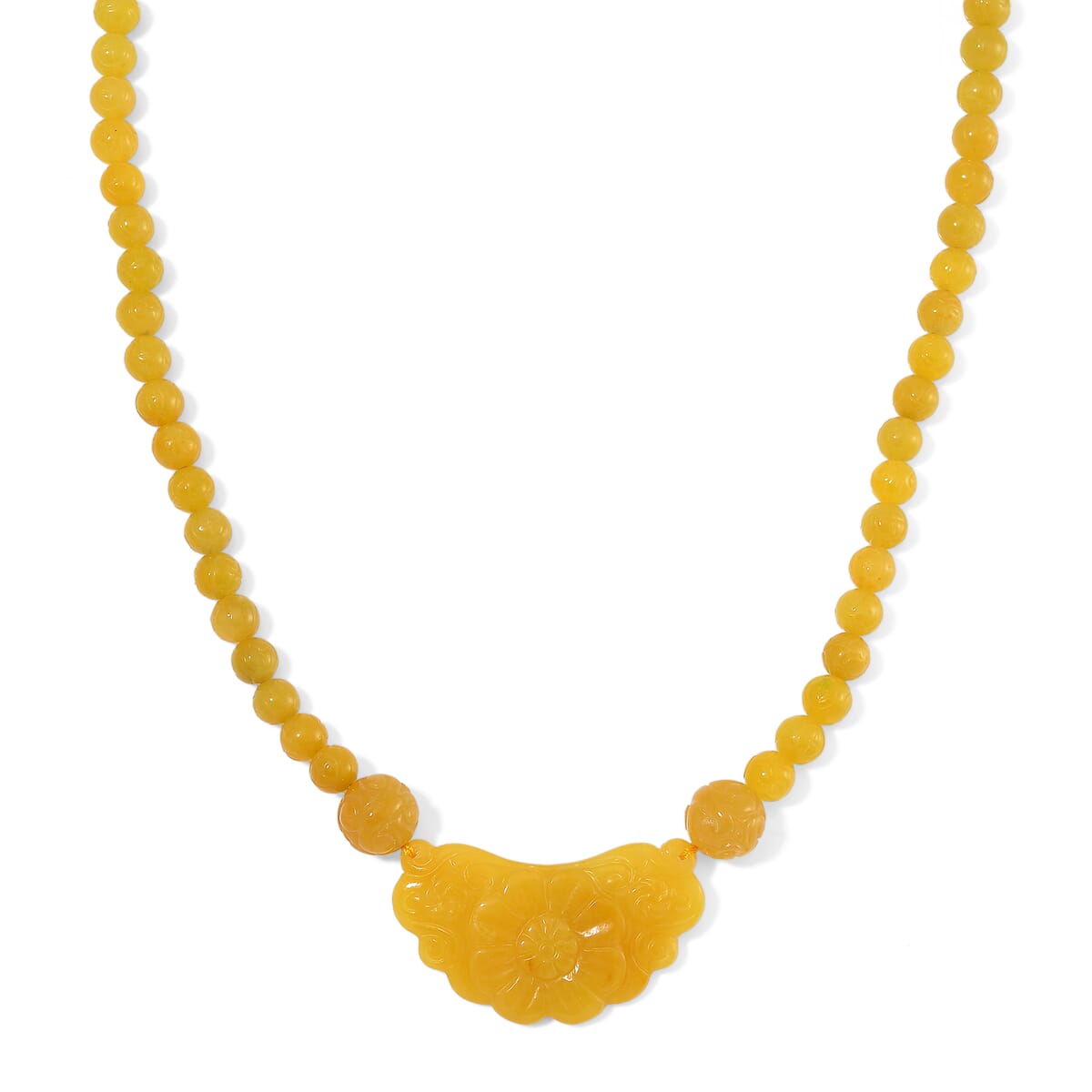 Honey Jade (D) 340.00 ctw Carved Flower and Beaded Necklace in Rhodium Over Sterling Silver 20 Inches image number 0