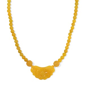 Honey Jade (D) 340.00 ctw Carved Flower and Beaded Necklace in Rhodium Over Sterling Silver 20 Inches