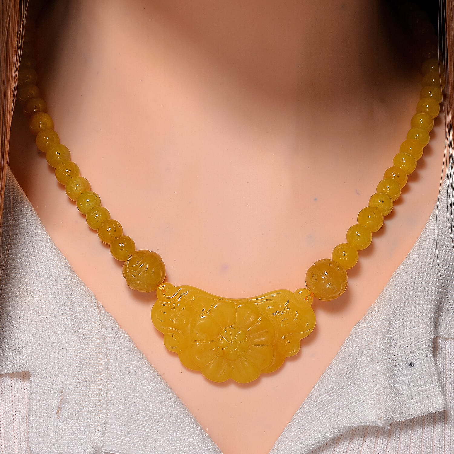 Honey Jade (D) 340.00 ctw Carved Flower and Beaded Necklace in Rhodium Over Sterling Silver 20 Inches