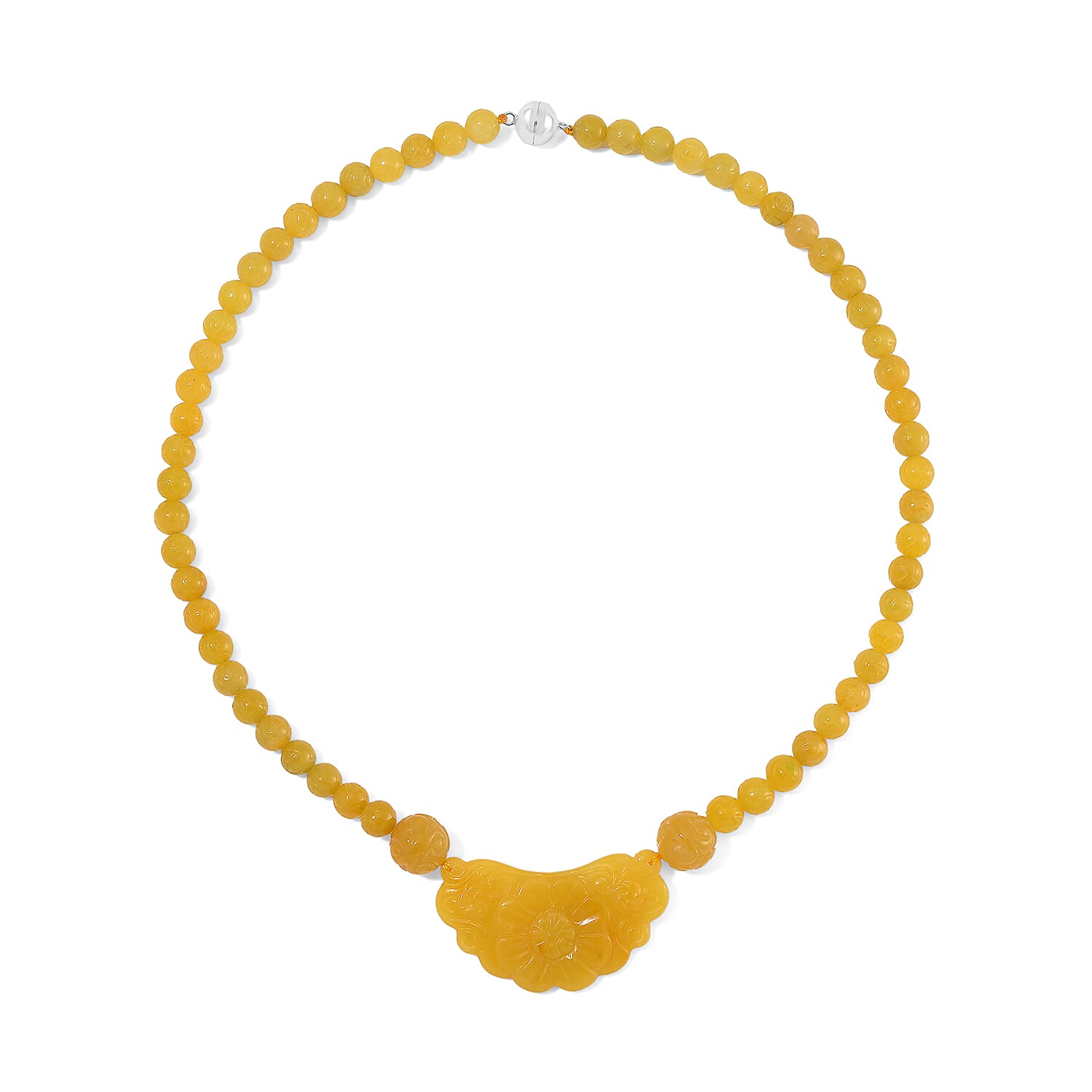 Honey Jade (D) 340.00 ctw Carved Flower and Beaded Necklace in Rhodium Over Sterling Silver 20 Inches