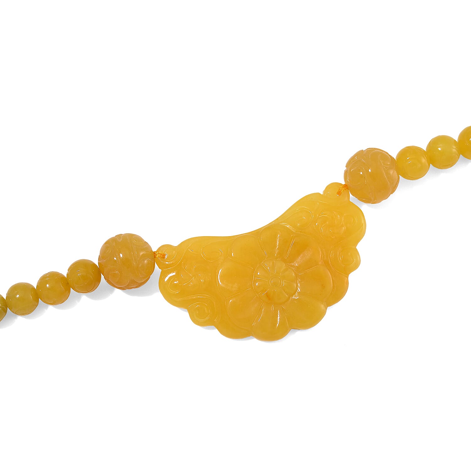 Honey Jade (D) 340.00 ctw Carved Flower and Beaded Necklace in Rhodium Over Sterling Silver 20 Inches