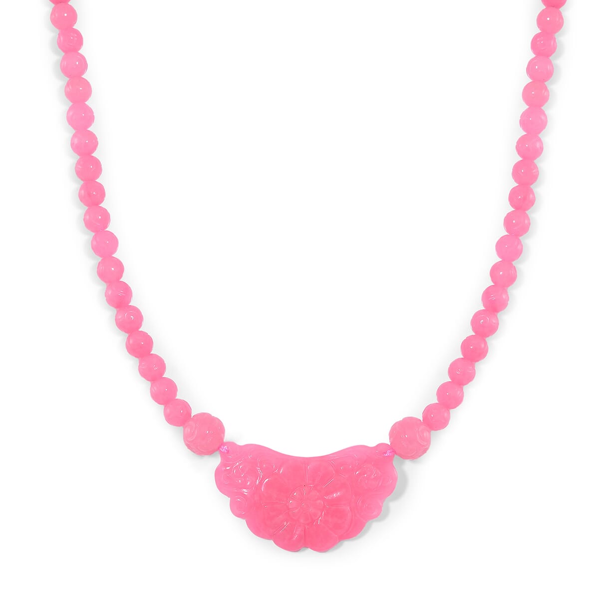 Pink Jade (D) 340.00 ctw Carved Flower and Beaded Necklace in Rhodium Over Sterling Silver 20 Inches image number 0