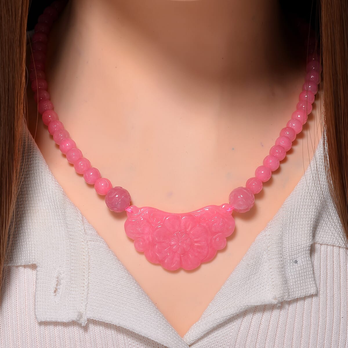 Pink Jade (D) 340.00 ctw Carved Flower and Beaded Necklace in Rhodium Over Sterling Silver 20 Inches image number 1