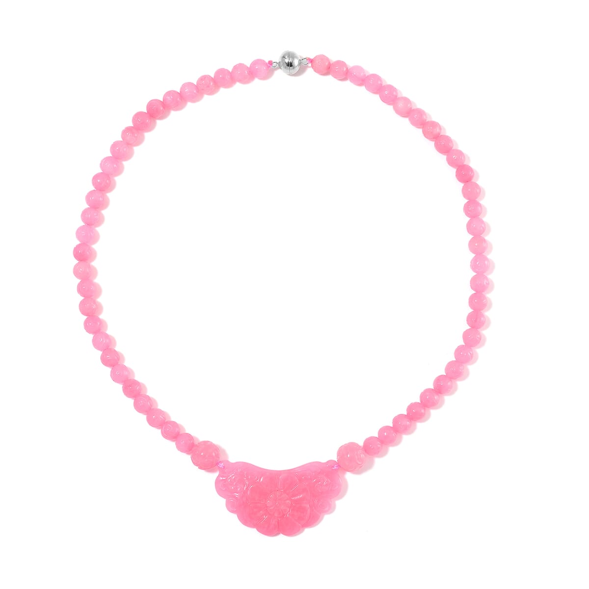Pink Jade (D) 340.00 ctw Carved Flower and Beaded Necklace in Rhodium Over Sterling Silver 20 Inches image number 2