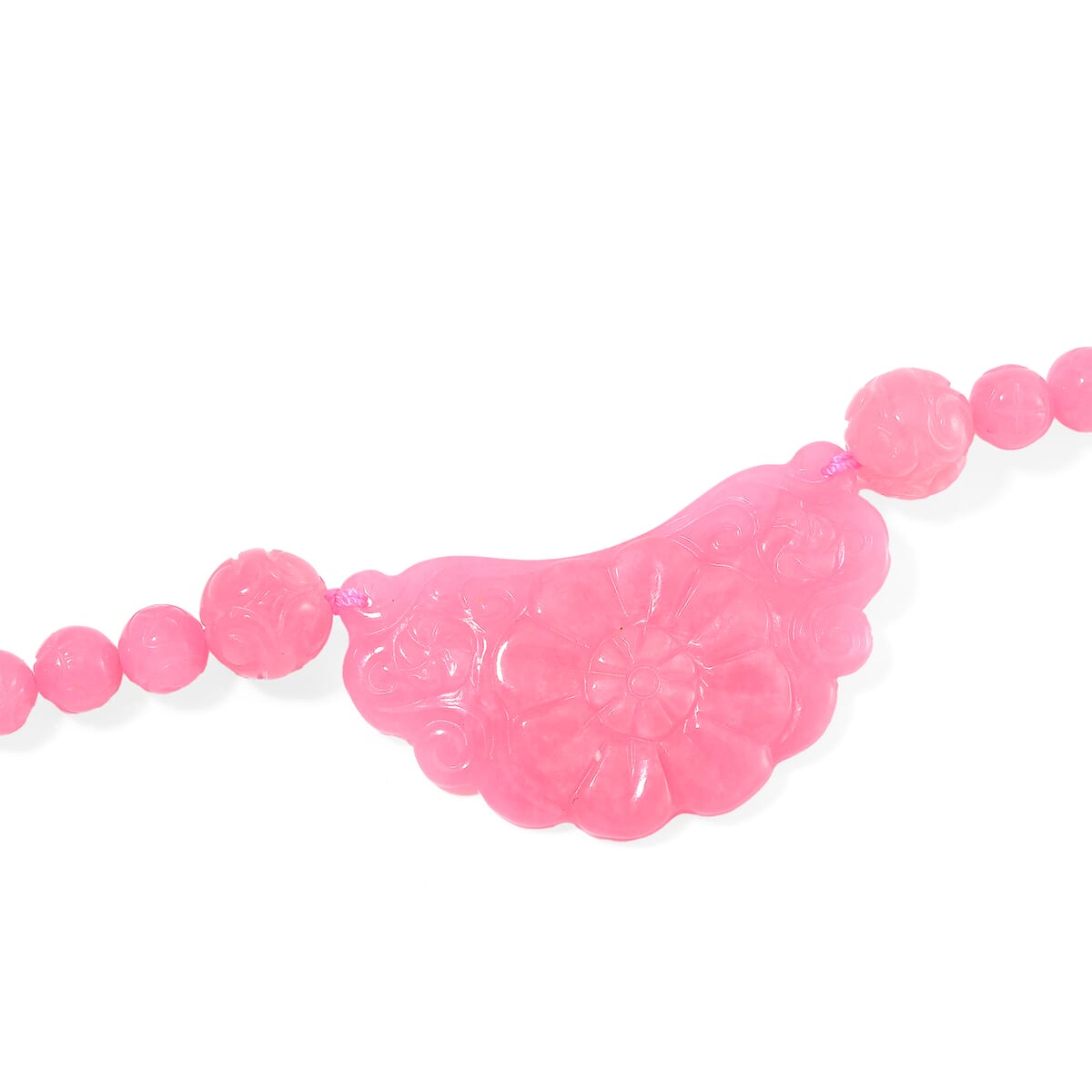 Pink Jade (D) 340.00 ctw Carved Flower and Beaded Necklace in Rhodium Over Sterling Silver 20 Inches image number 3