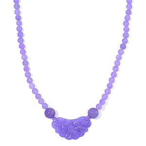 Purple Jade (D) 340.00 ctw Carved Flower and Beaded Necklace in Rhodium Over Sterling Silver 20 Inches