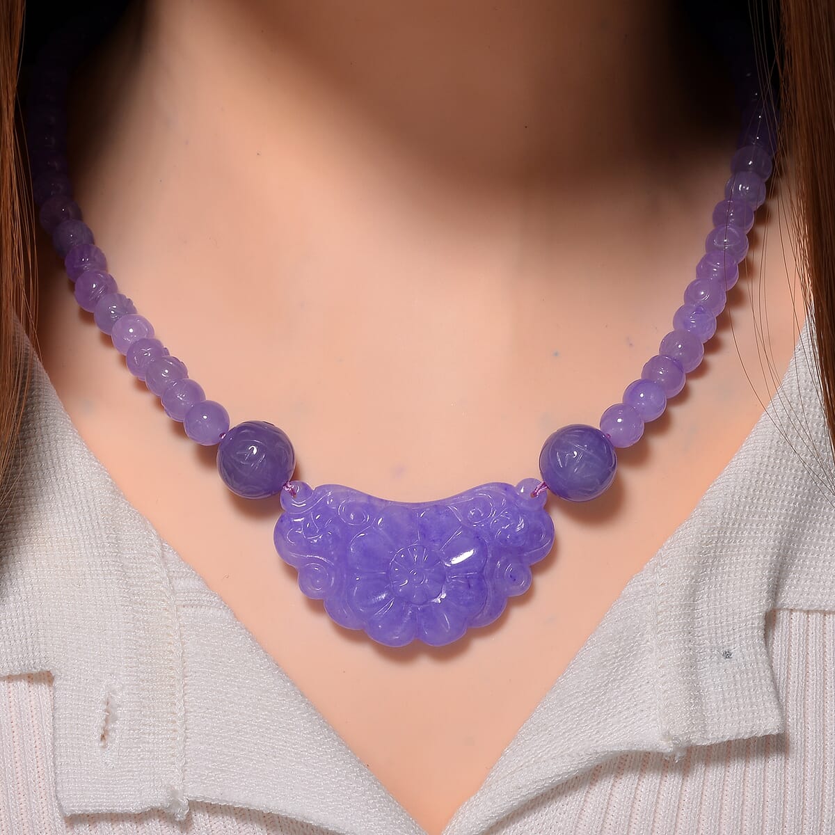 Purple Jade (D) 340.00 ctw Carved Flower and Beaded Necklace in Rhodium Over Sterling Silver 20 Inches image number 1