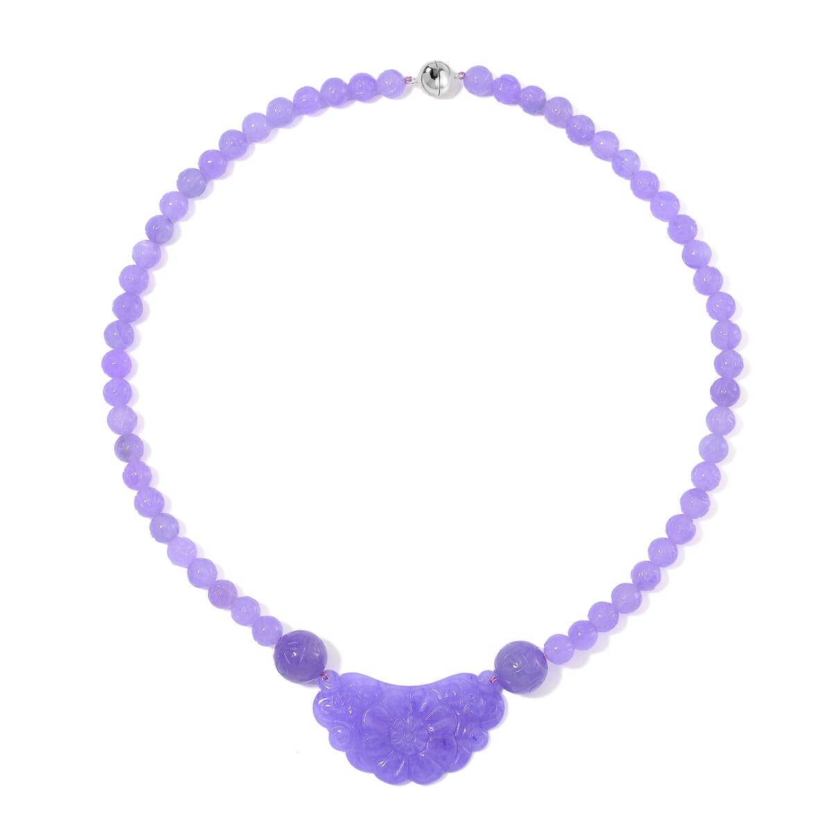 Purple Jade (D) 340.00 ctw Carved Flower and Beaded Necklace in Rhodium Over Sterling Silver 20 Inches image number 2