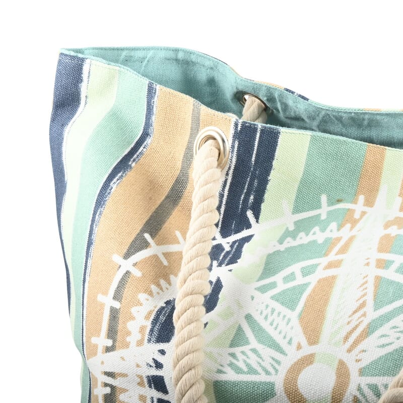 Boston International Navy & Beige Striped Compass Rose Pattern Canvas Tote Bag