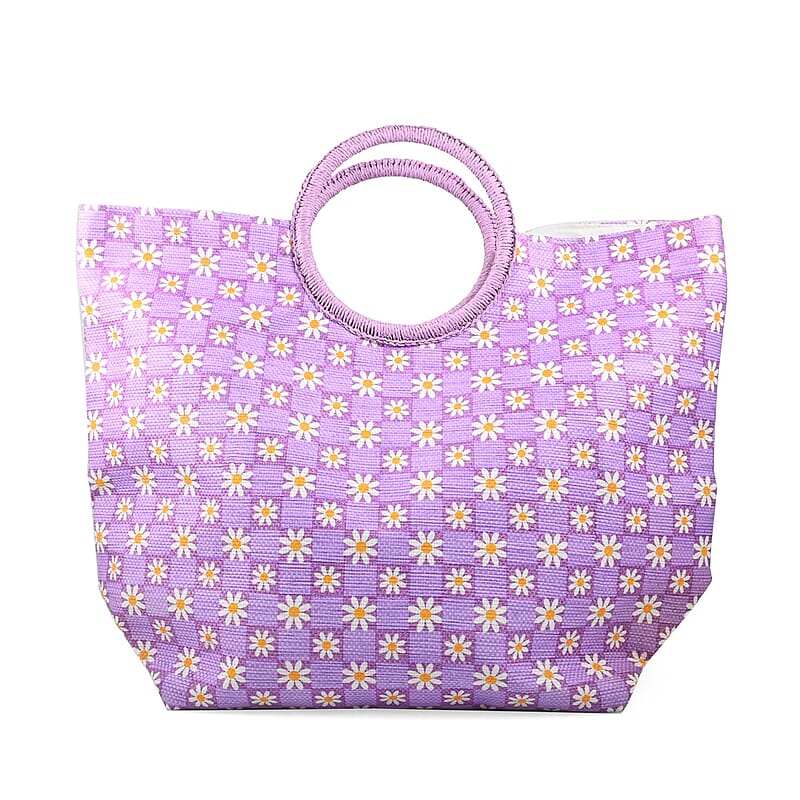 Boston International Lilac Checkered Daisy Pattern Tote Bag