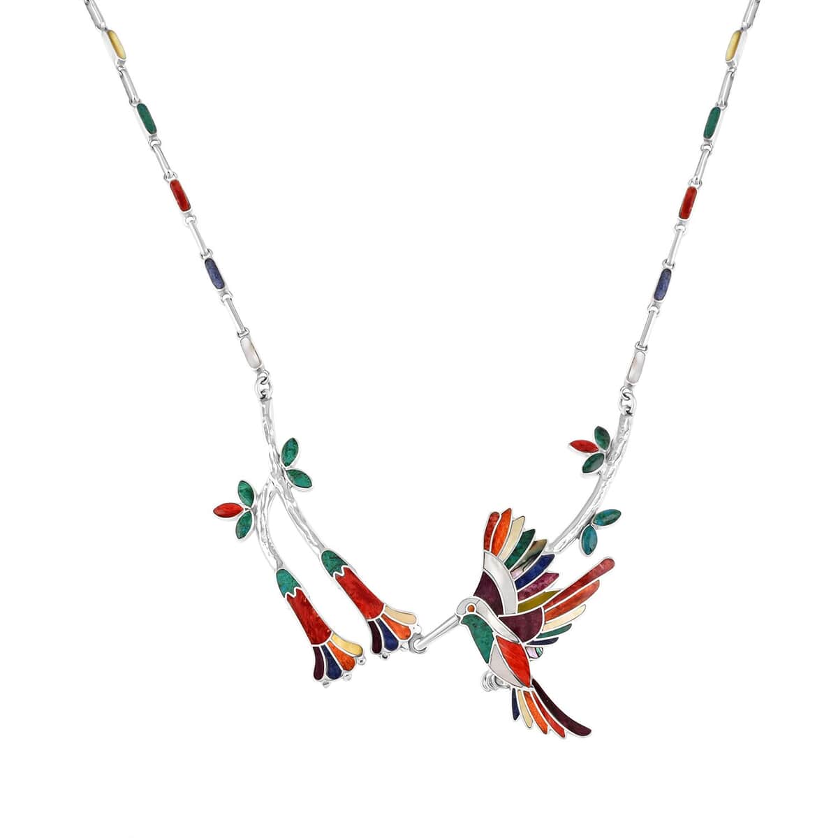 Peruvian Artistry Multi Gemstones 9.50 ctw Humming Bird Necklace 20-22 Inches in Sterling Silver image number 0