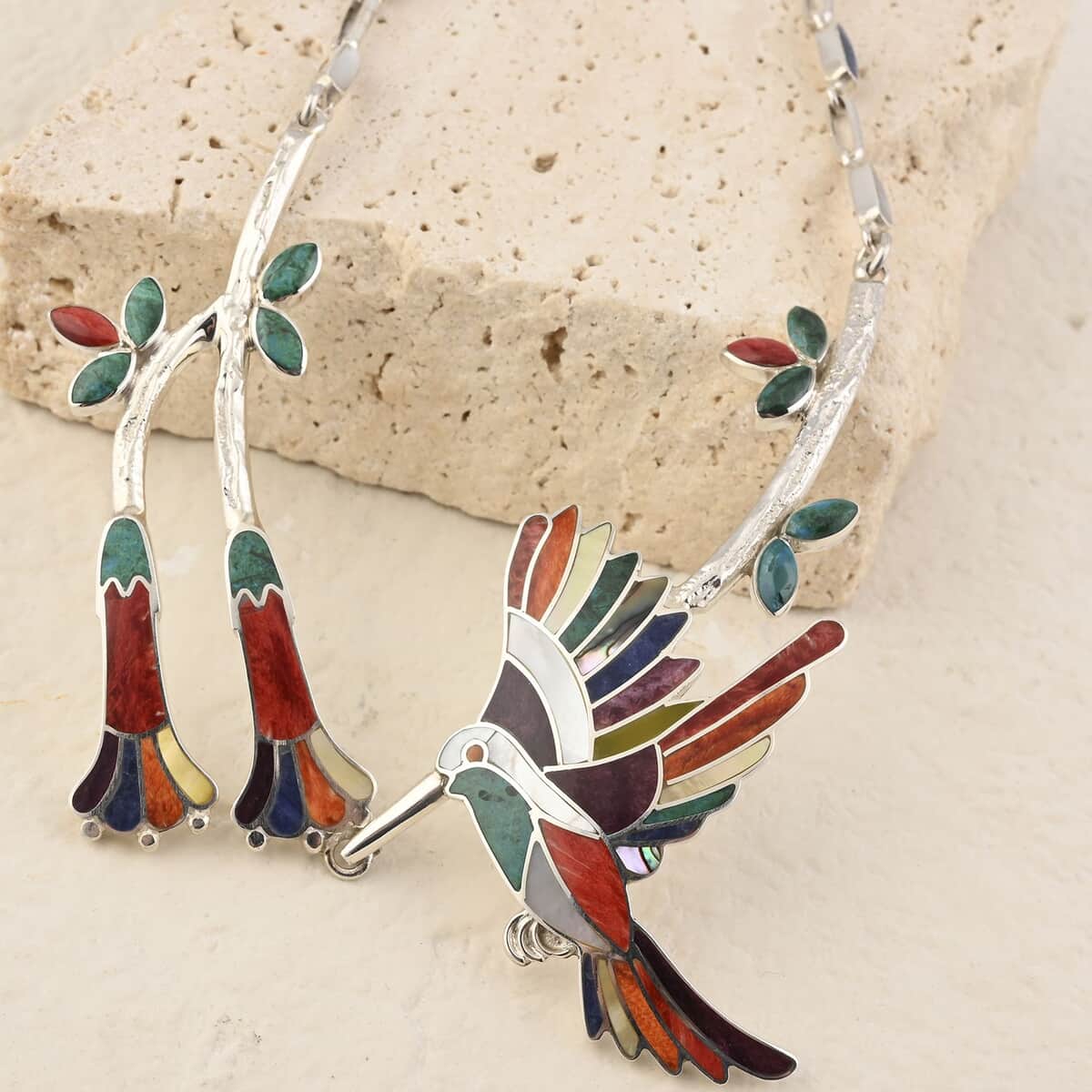 Peruvian Artistry Multi Gemstones 9.50 ctw Humming Bird Necklace 20-22 Inches in Sterling Silver image number 1