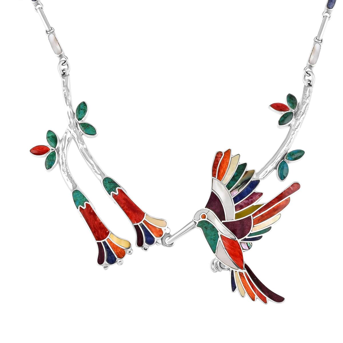 Peruvian Artistry Multi Gemstones 9.50 ctw Humming Bird Necklace 20-22 Inches in Sterling Silver image number 2