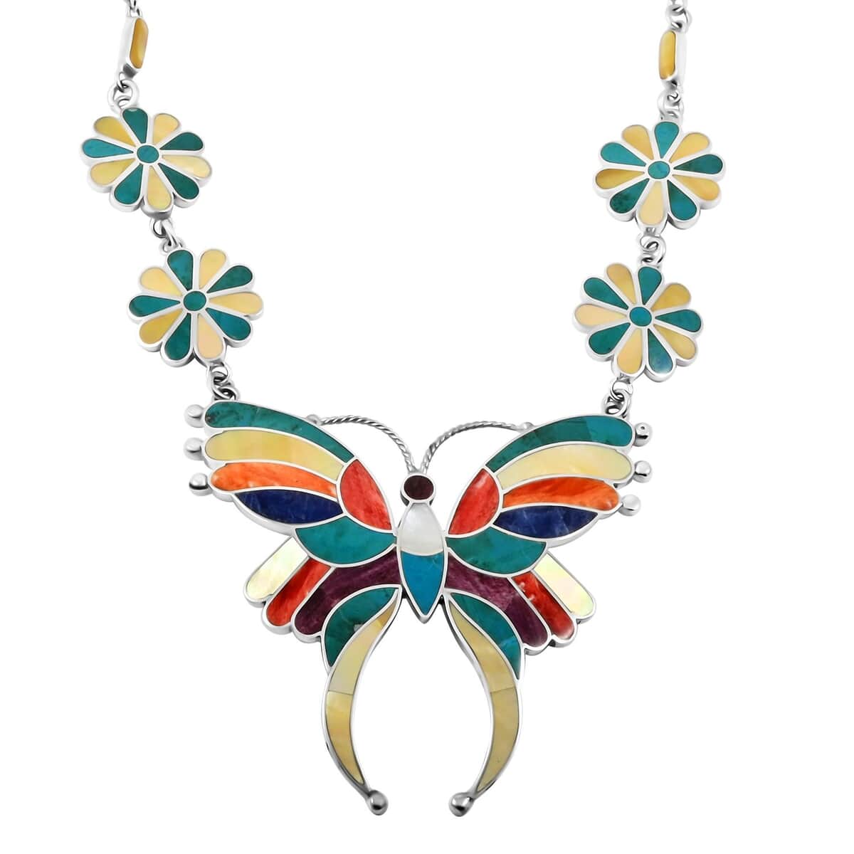 Peruvian Artistry Multi Gemstones 11.25 ctw Butterfly Necklace 16-18 Inches in Sterling Silver image number 0