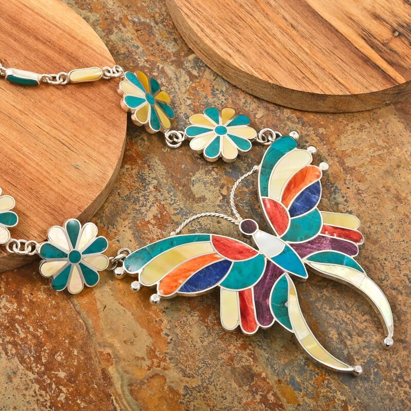 Peruvian Artistry Multi Gemstones 11.25 ctw Butterfly Necklace 16-18 Inches in Sterling Silver