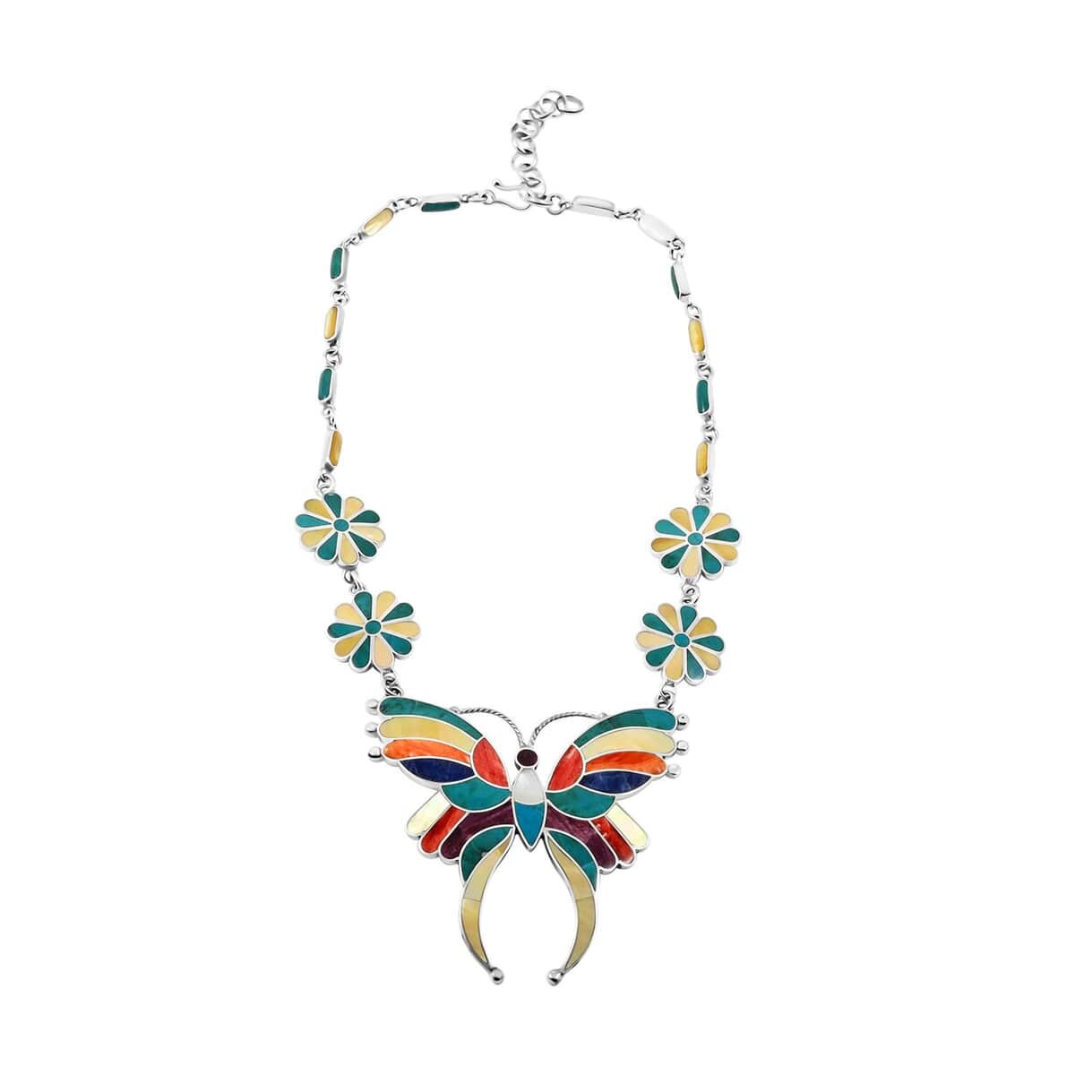 Peruvian Artistry Multi Gemstones 11.25 ctw Butterfly Necklace 16-18 Inches in Sterling Silver image number 2