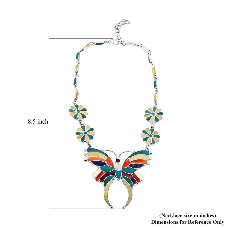 Peruvian Artistry Multi Gemstones 11.25 ctw Butterfly Necklace 16-18 Inches in Sterling Silver