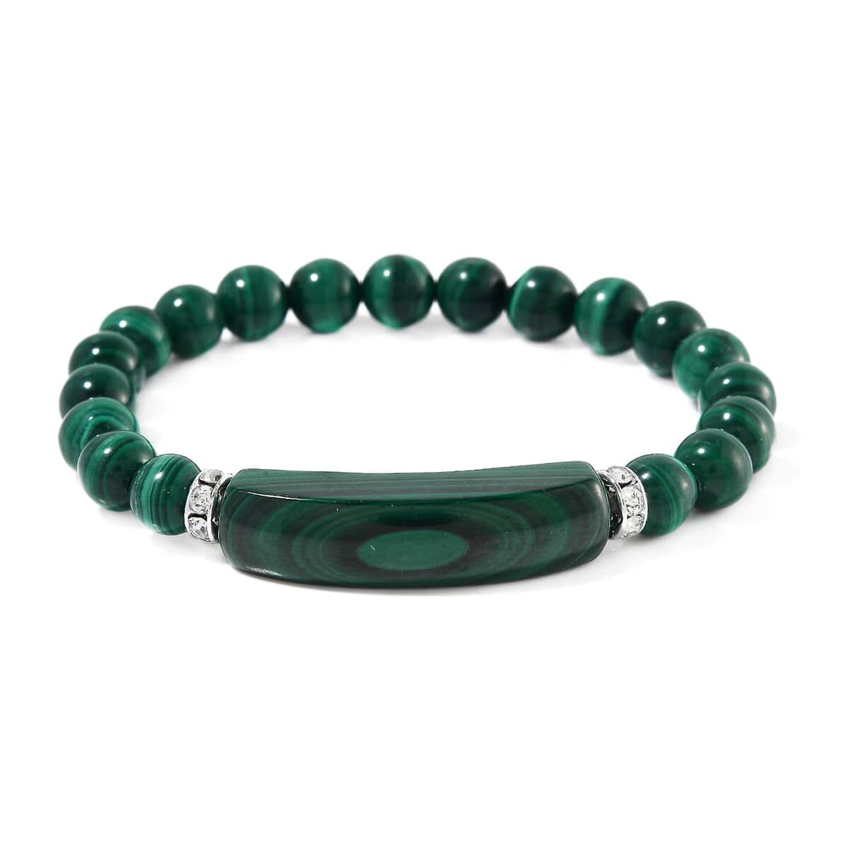 African Malachite and Austrian Crystal 150.00 ctw Beaded with Fancy Bar Stretch Bracelet in Stainless Steel (6.50-7.0In) image number 0