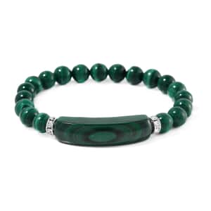 African Malachite and Austrian Crystal 150.00 ctw Beaded with Fancy Bar Stretch Bracelet in Stainless Steel (6.50-7.0In)