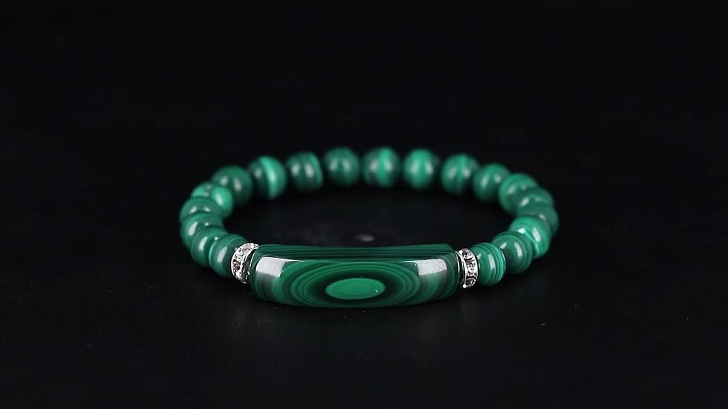 African Malachite and Austrian Crystal 150.00 ctw Beaded with Fancy Bar Stretch Bracelet in Stainless Steel (6.50-7.0In)