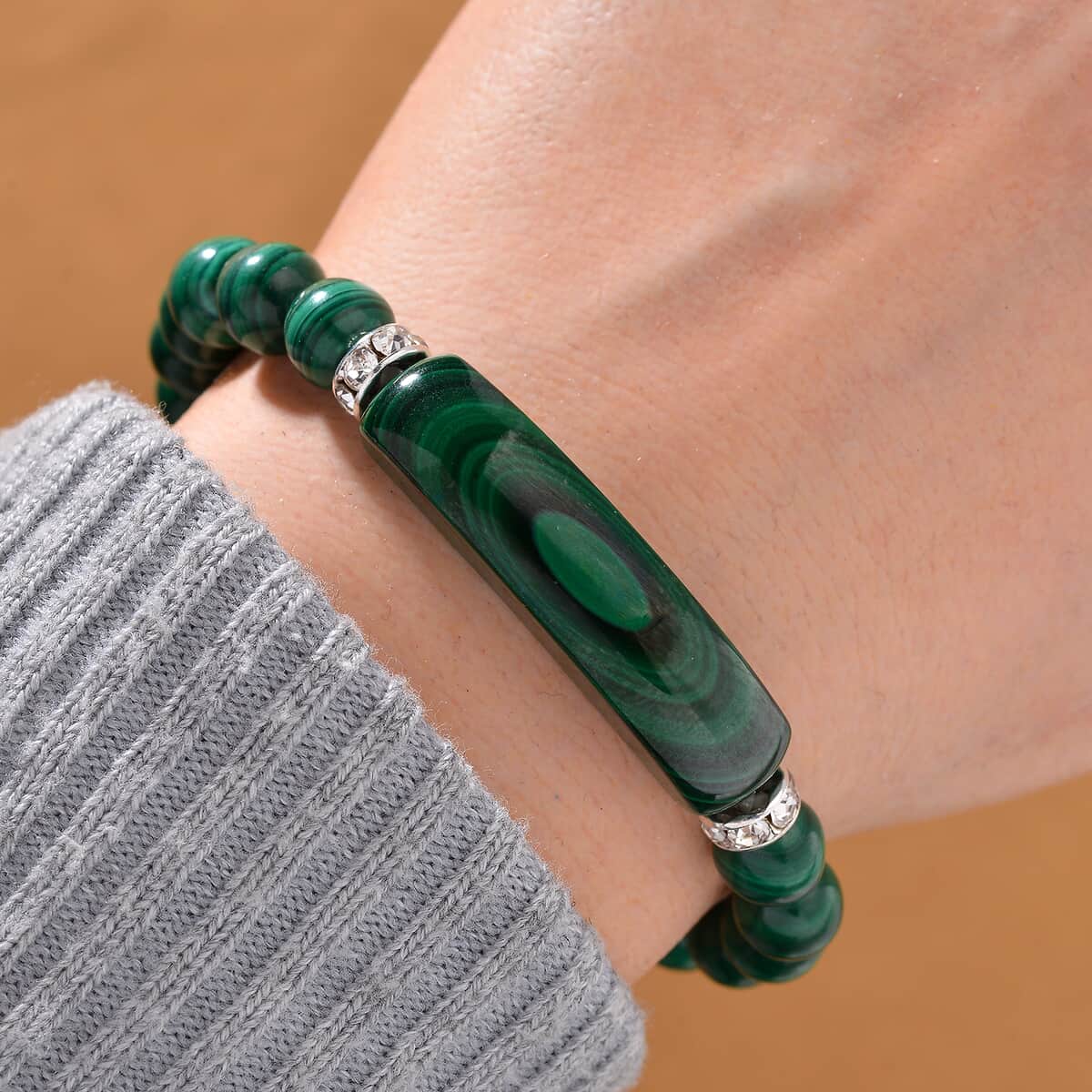 African Malachite and Austrian Crystal 150.00 ctw Beaded with Fancy Bar Stretch Bracelet in Stainless Steel (6.50-7.0In) image number 1