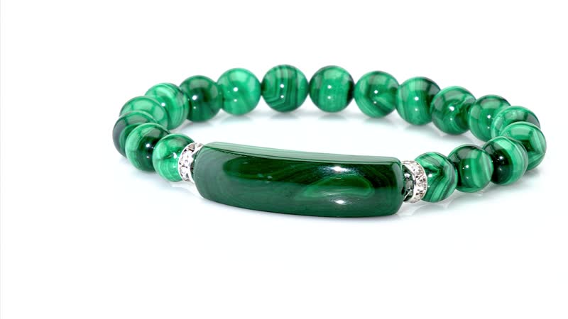 African Malachite and Austrian Crystal 150.00 ctw Beaded with Fancy Bar Stretch Bracelet in Stainless Steel (6.50-7.0In)
