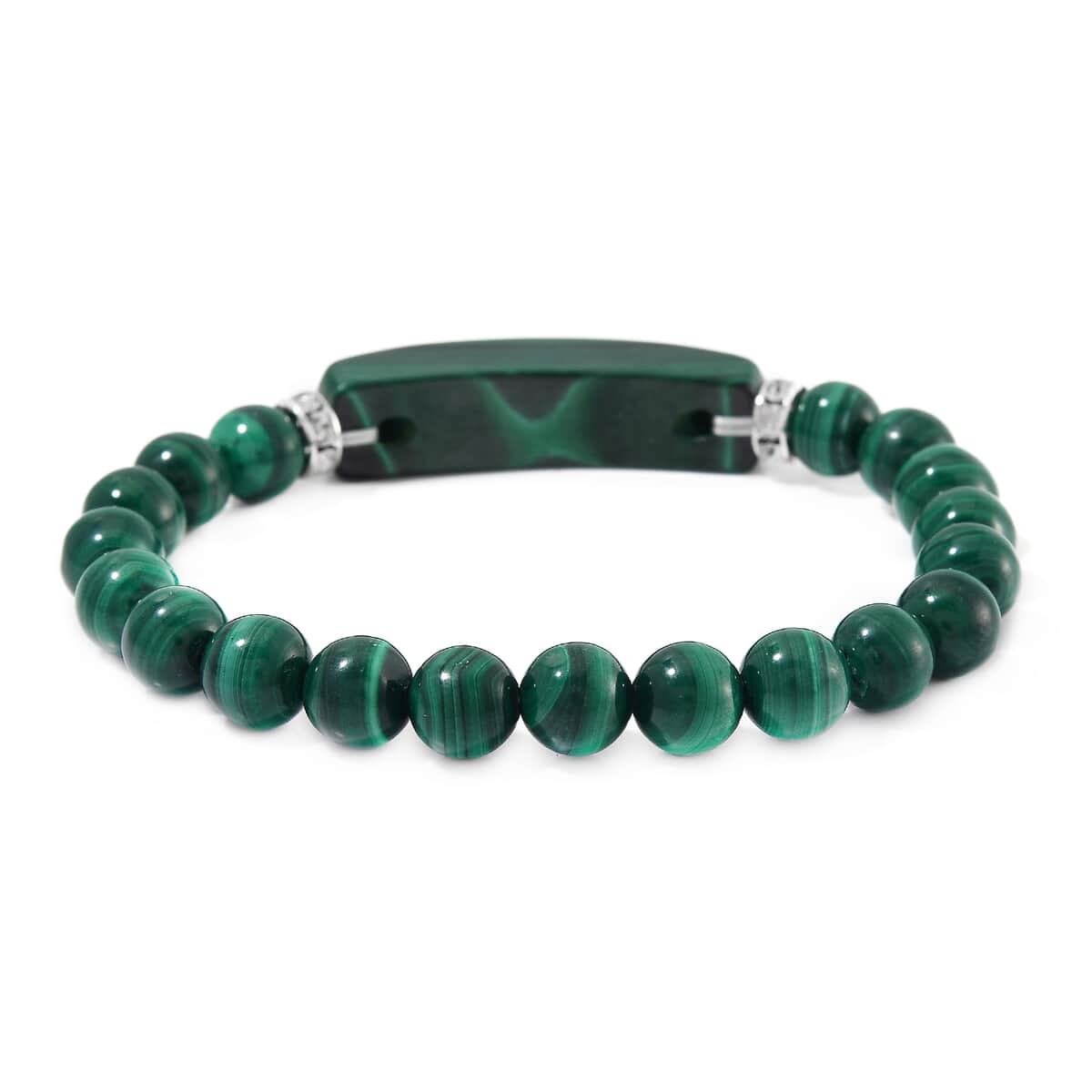 African Malachite and Austrian Crystal 150.00 ctw Beaded with Fancy Bar Stretch Bracelet in Stainless Steel (6.50-7.0In) image number 2