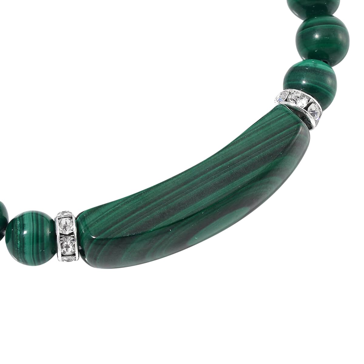 African Malachite and Austrian Crystal 150.00 ctw Beaded with Fancy Bar Stretch Bracelet in Stainless Steel (6.50-7.0In) image number 3