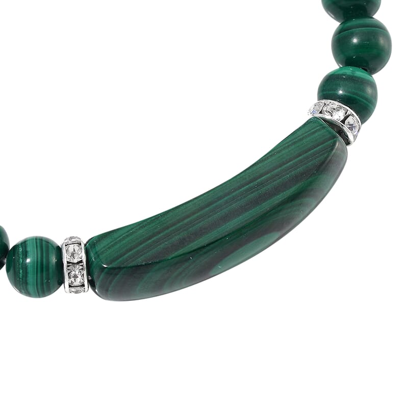 African Malachite and Austrian Crystal 150.00 ctw Beaded with Fancy Bar Stretch Bracelet in Stainless Steel (6.50-7.0In)