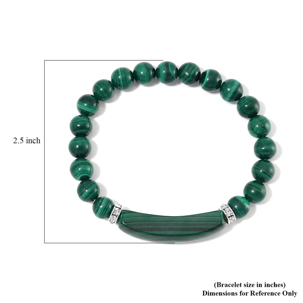 African Malachite and Austrian Crystal 150.00 ctw Beaded with Fancy Bar Stretch Bracelet in Stainless Steel (6.50-7.0In) image number 4