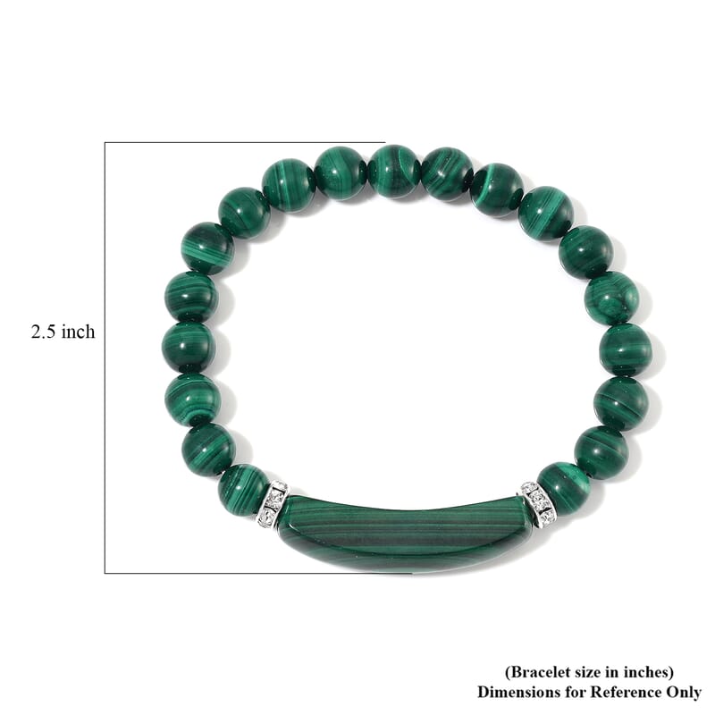 African Malachite and Austrian Crystal 150.00 ctw Beaded with Fancy Bar Stretch Bracelet in Stainless Steel (6.50-7.0In)