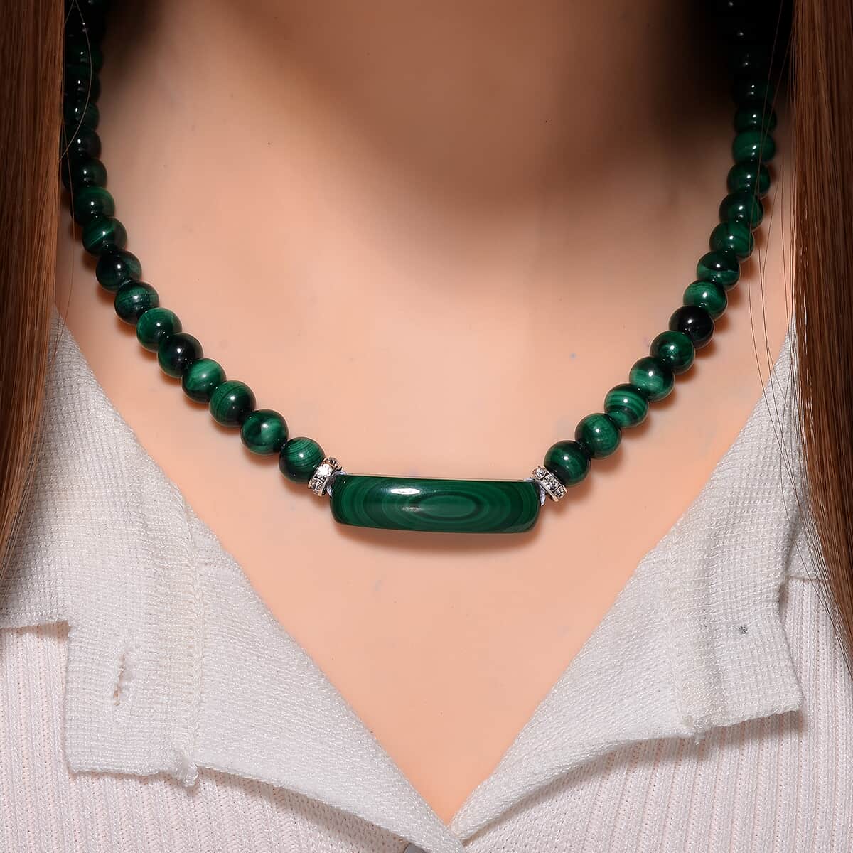 African Malachite and Austrian Crystal 320.00 ctw Beaded with Fancy Bar Necklace in Stainless Steel 18-20 Inches image number 1