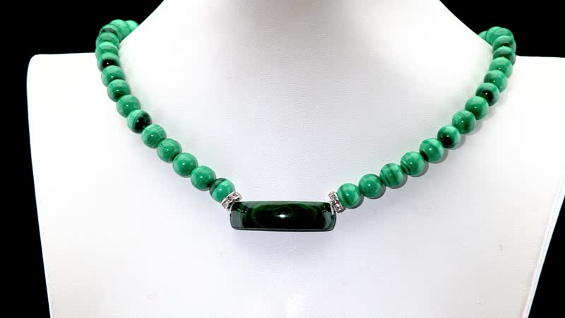 African Malachite and Austrian Crystal 320.00 ctw Beaded with Fancy Bar Necklace in Stainless Steel 18-20 Inches